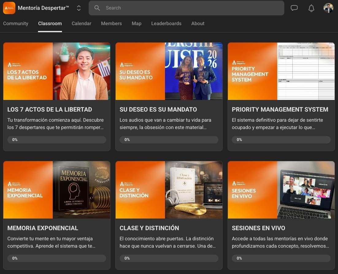 Vista de la plataforma Mentoría Despertar™ con todos los módulos